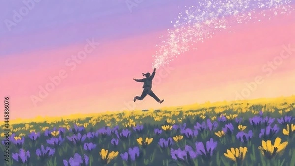 Fototapeta Person Running Through Flower Field, Sparkling Trail, Whimsical Fantasy Scene