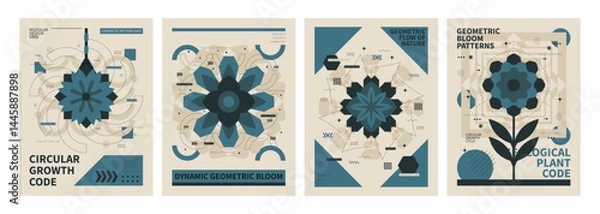 Obraz Geometric Floral Posters: A set of four stylish posters featuring abstract geometric floral designs in a muted teal and beige color palette. Perfect for adding a touch of modern art to any space.