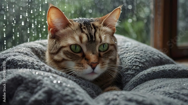 Fototapeta Peaceful Cat by the Window with Rain Droplets: Photorealistic Art