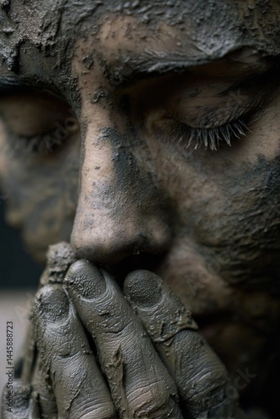 Fototapeta A person's face and hands are covered in wet mud in a close-up studio portrait shot.