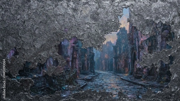 Fototapeta Weathered titanium armor decays amongst gothic ruins beneath a twilight sky, hinting at lost glory.