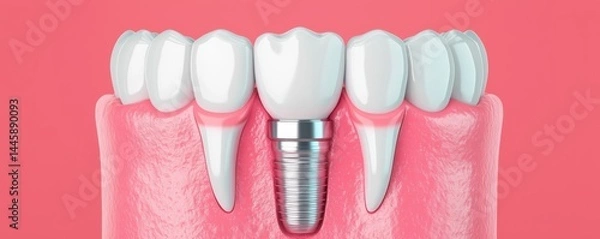 Obraz A dental implant is shown replacing a missing tooth among natural teeth, highlighting modern dental restoration techniques.