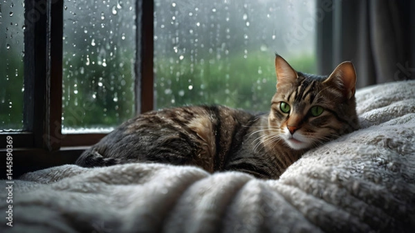 Fototapeta Peaceful Cat by the Window with Rain Droplets: Photorealistic Art