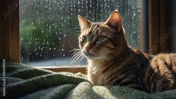 Fototapeta Peaceful Cat by the Window with Rain Droplets: Photorealistic Art