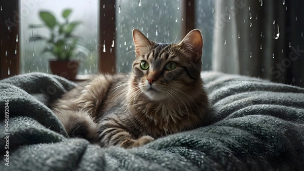 Fototapeta Tabby Cat Relaxing by a Window in a Rainy, Overcast Setting