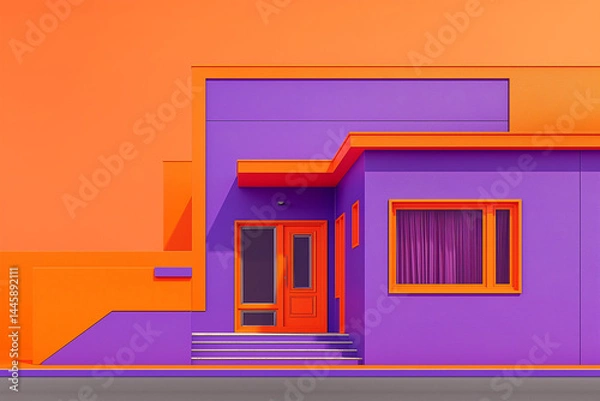 Fototapeta A bold and artistic depiction of a house painted in vibrant violet and orange hues, set against a striking solid orange background