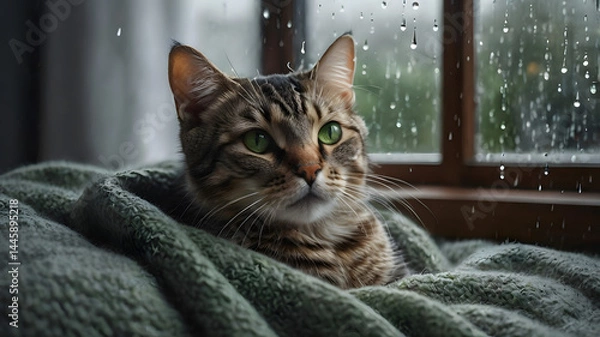 Fototapeta Tabby Cat Relaxing by a Window in a Rainy, Overcast Setting
