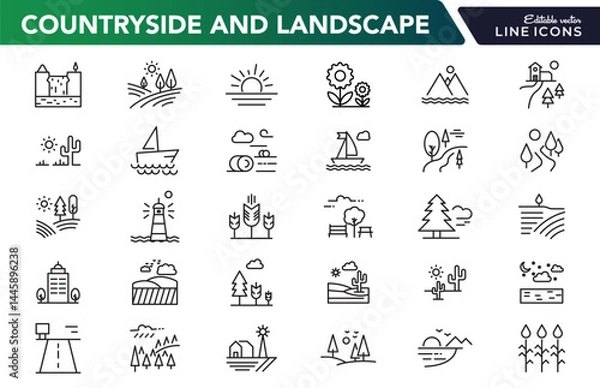 Fototapeta Countryside and landscape line icon set. Road, lake, view, land, sea, river, beach, desert, field, mountain, forest, island, volcano, waterfall outline vector icon collection. UI thin outline icon