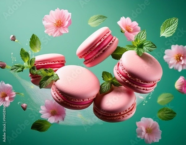 Obraz floating pink macarons with mint and flowers on green