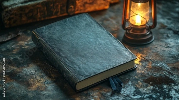 Fototapeta Dark leather journal rests on rustic surface, illuminated by kerosene lamp.
