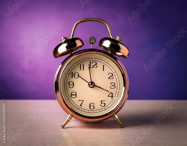 Fototapeta retro alarm clock on table with purple background vintage style