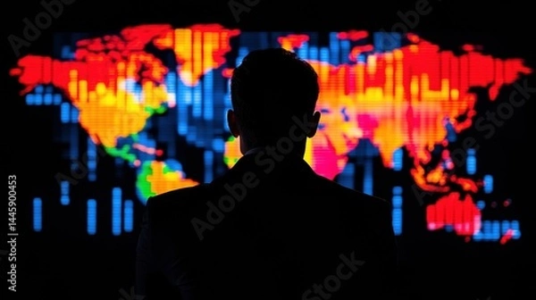 Obraz A person observes a colorful digital world map with data visualizations on a dark background.