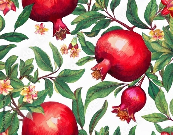 Obraz seamless pattern with pomegranate drawing garden tree branches with fruits flowers and green leaves at white background hand drawn illustration