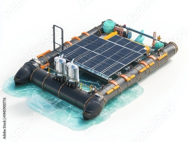Fototapeta High-detail 3D visualization of solar-powered desalination raft near coastal village used in green technology