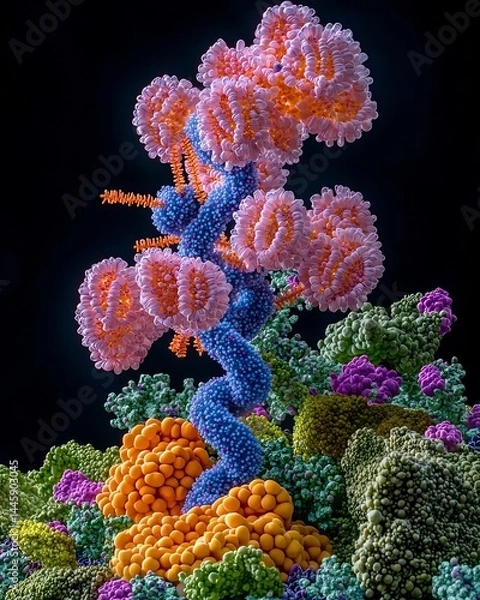Fototapeta High resolution model of viral particle replicating inside a host cell viral RNA and protein spikes interacting with the hosts machinery