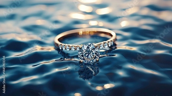 Fototapeta Sparkling diamond ring resting on rippling water.