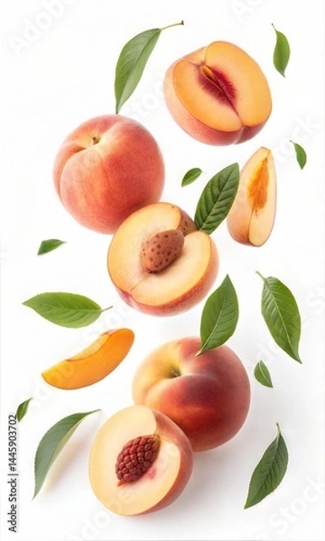 Fototapeta Floating peaches, including halves and slices, with green leaves on a white background.