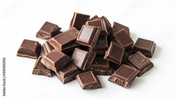 Obraz A pile of dark chocolate squares isolated on a white background.