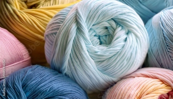 Obraz close up of soft pastel colored yarn skeins in blue pink and yellow for knitting and crocheting projects