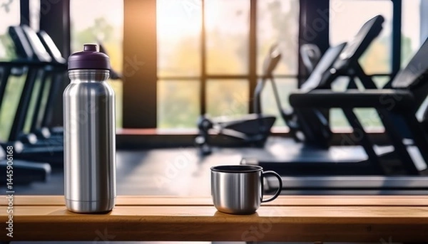 Obraz metal thermo mug and bottle of water standing on bench against background of gym