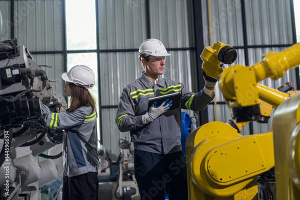 Fototapeta Engineer standing by robotic arm and operating machine in industry factory, technician worker check for repair maintenance electronic operation