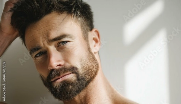 Fototapeta Portrait of a handsome, muscular man with a beard touching his face and looking at the camera against a white wall