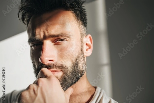 Fototapeta Portrait of a handsome, muscular man with a beard touching his face and looking at the camera against a white wall