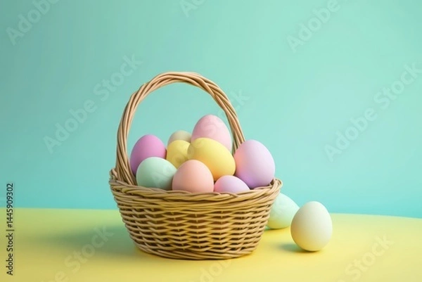 Fototapeta Playful basket of colorful Easter eggs in pink, purple, and yellow on bright spring background, spilling with joyful energy