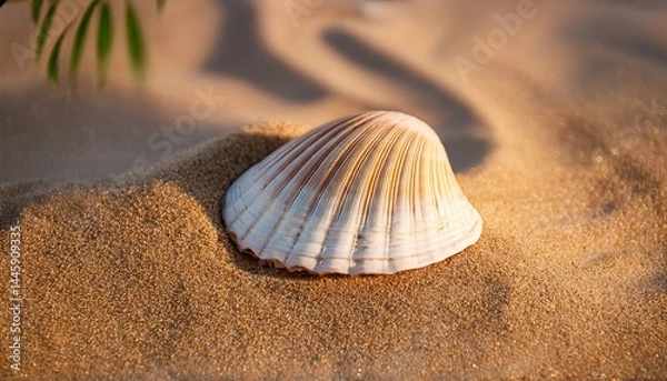 Obraz big natural seashell on the summer beach in golden sand sandy background