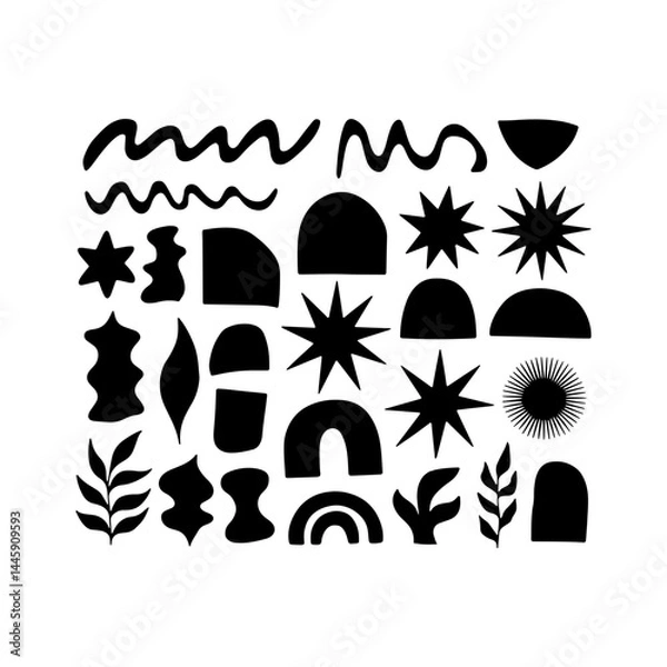 Fototapeta Geometric Botanical Abstraction. A black minimalist silhouette of abstract botanical and geometric elements such as plants, hills, waves, and rainbows.