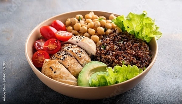 Obraz vegetable buddha bowl lunch with chicken and quinoa chickpea mushrooms lettuce and tomatoes