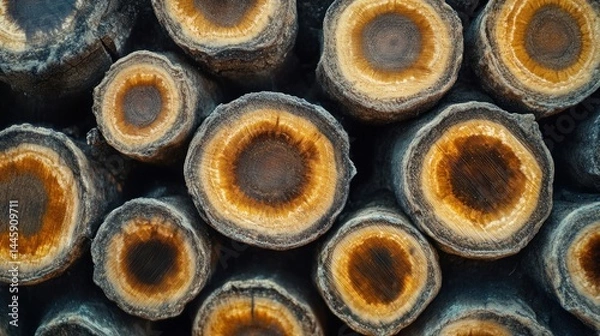 Fototapeta Stacked tree trunk cross-sections