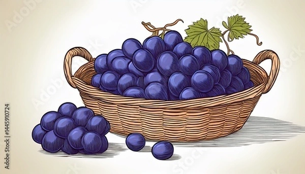 Obraz drawing basket with blue grape isolated at white background hand drawn illustration