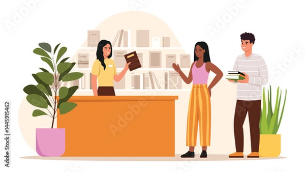 Fototapeta Vector illustration of library. Cartoon scene of light-skinned boy, dark-skinned girl taking books in library, librarian standing at table, shelves with books, flowerpots isolated on white background.