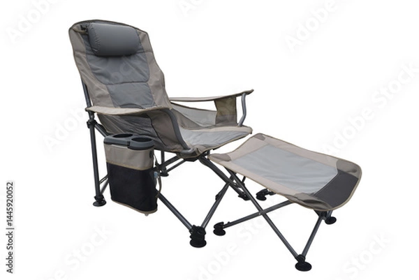 Obraz Comfortable, foldable outdoor chair with leg rest and cup holder on a transparent background