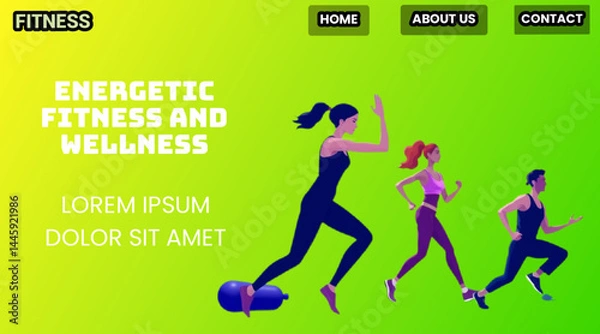 Obraz Energetic fitness and wellness landing page illustration featuring active lifestyles, diverse characters, and fresh, colorful gradients for digital health platforms.
