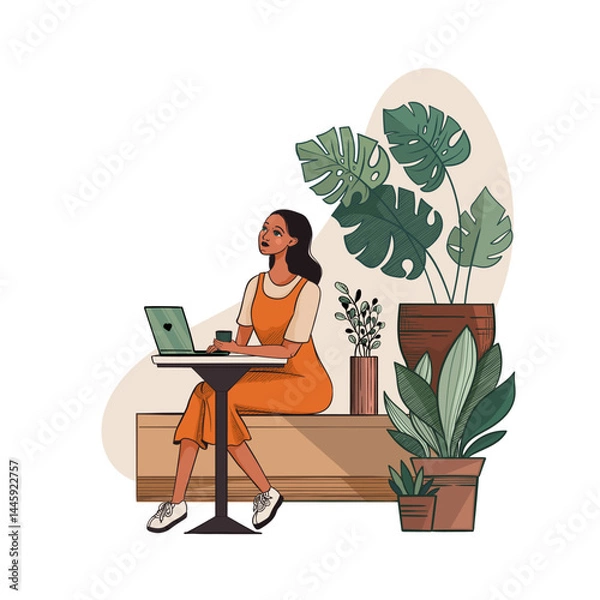Obraz Isolated image of a girl with a laptop, intended for coworking space promotion.