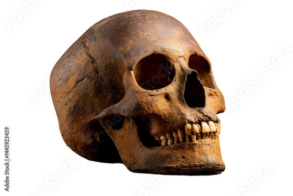Obraz Weathered human skull with visible teeth and eye sockets on a plain background