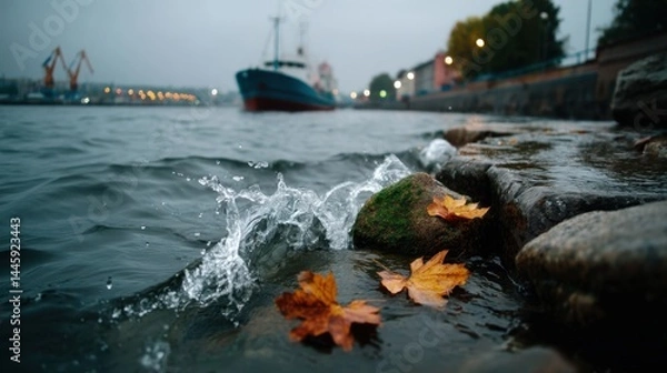 Fototapeta Autumn Leaves on Rocks by the Waterfront with Small Waves and Blurred Ship in the Distance