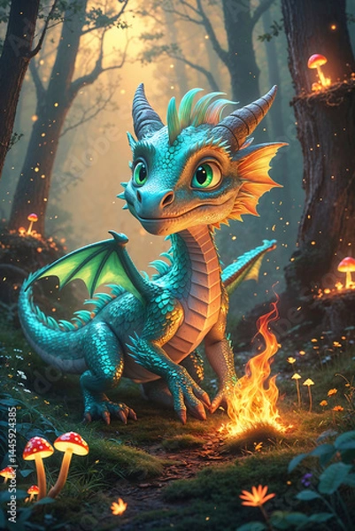 Fototapeta Enchanting blue dragon stands in a mystical forest with glowing mushrooms at dusk