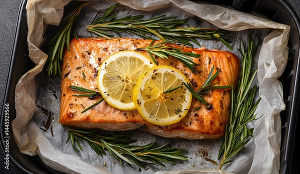 Obraz Generated image,   Lemon and dill salmon cooked in an air fryer, top view.