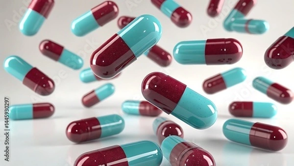 Obraz Red and blue medical capsules scattered on a white background high resolution photo