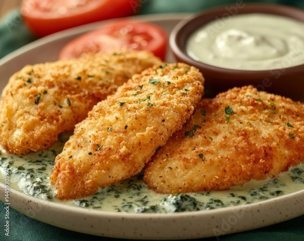 Fototapeta Crispy chicken tenders, creamy spinach sauce, and fresh tomatoes