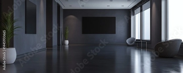 Fototapeta A modern minimalist interior space with large reflective flooring