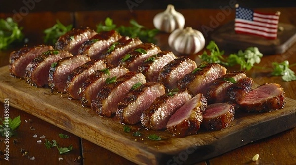 Fototapeta pork tenderloin arranged on rustic wooden board with herbs, garlic cloves, and small American flag in background, natural light, overhead view with generous copy space pork tenderloin, sliced 