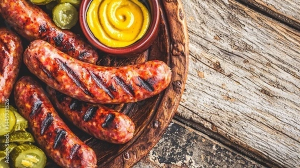 Fototapeta of grilled pork sausage links on rustic plate with mustard and pickles, wood background, overhead angle, copy space at bottom grilled sausage, pork links, mustard dip, pickles, rustic plate, 