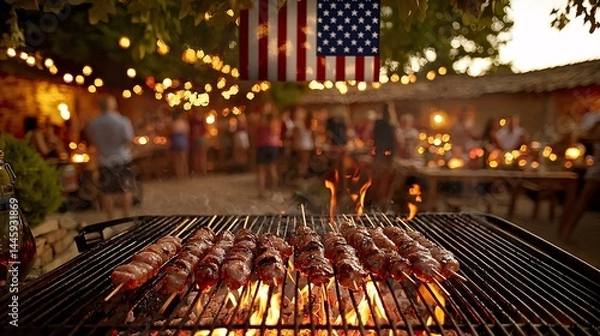 Fototapeta flag-themed barbecue grill with pork skewers sizzling over flames, evening backyard party setting, people blurred in background, foreground focused, text space at top barbecue grill, pork skewers, 