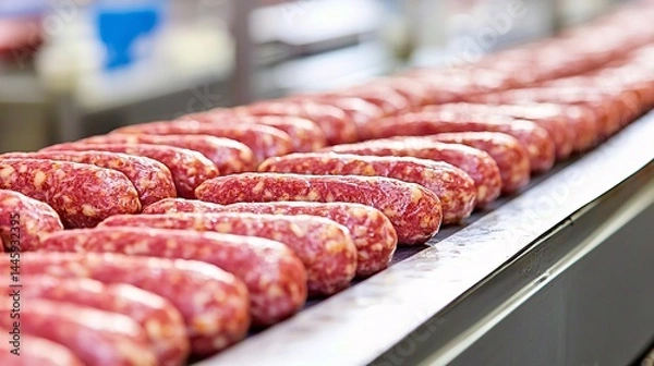 Fototapeta close-up of a pork sausage production line in a factory, showcasing automation and hygiene standards. sausage production, pork processing, factory automation, meat manufacturing, food machinery, 