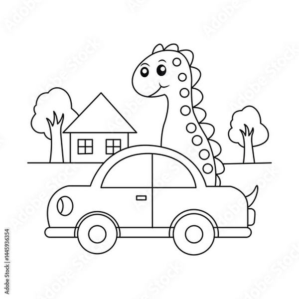Fototapeta Dinosaur set coloring page hand drawn bus line artwork for kids