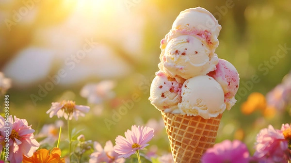 Fototapeta Ice cream cone with multiple scoops and floral background at golden hour